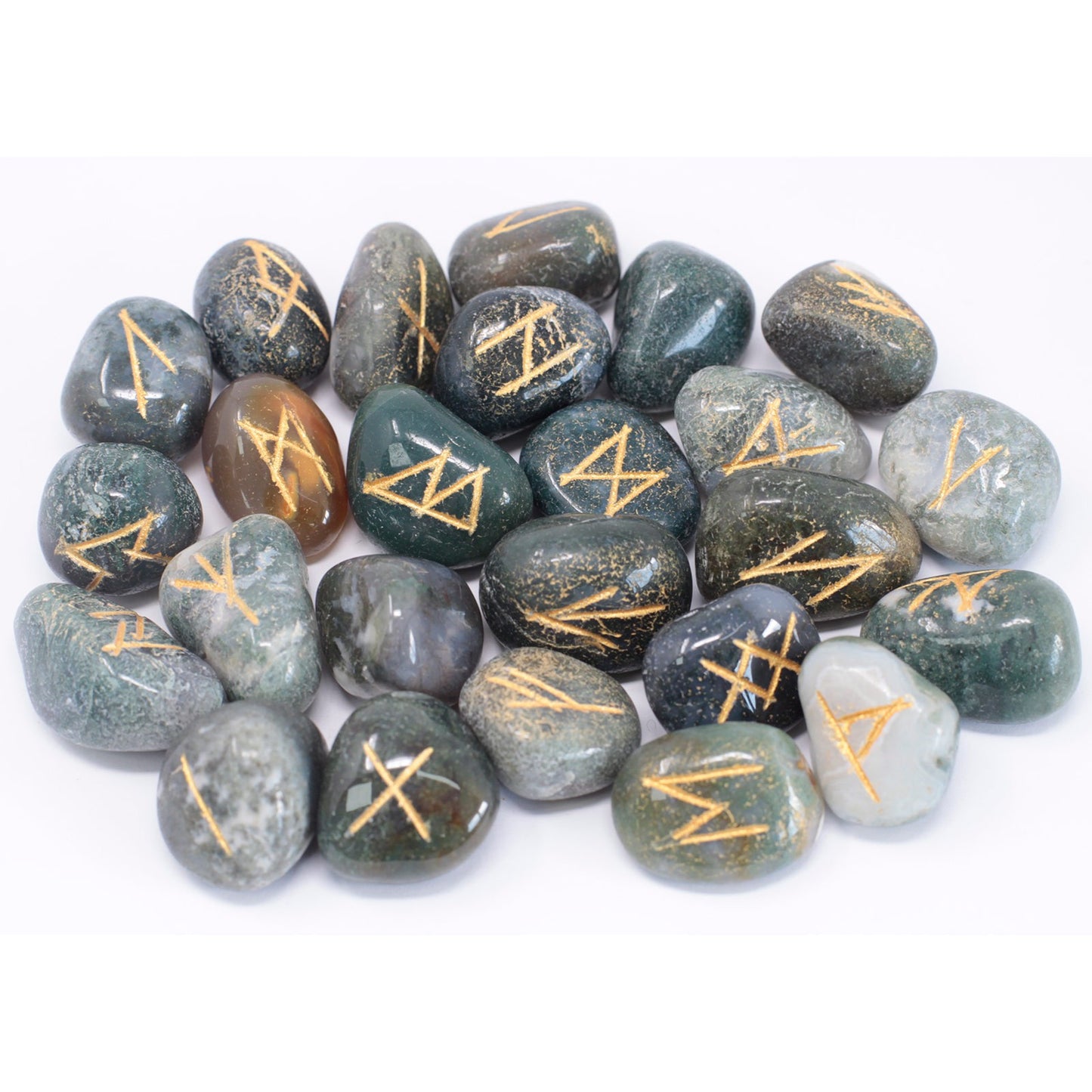 Rune Stone Set - Natural Moss Agate Stone Runes - 25 Pieces
