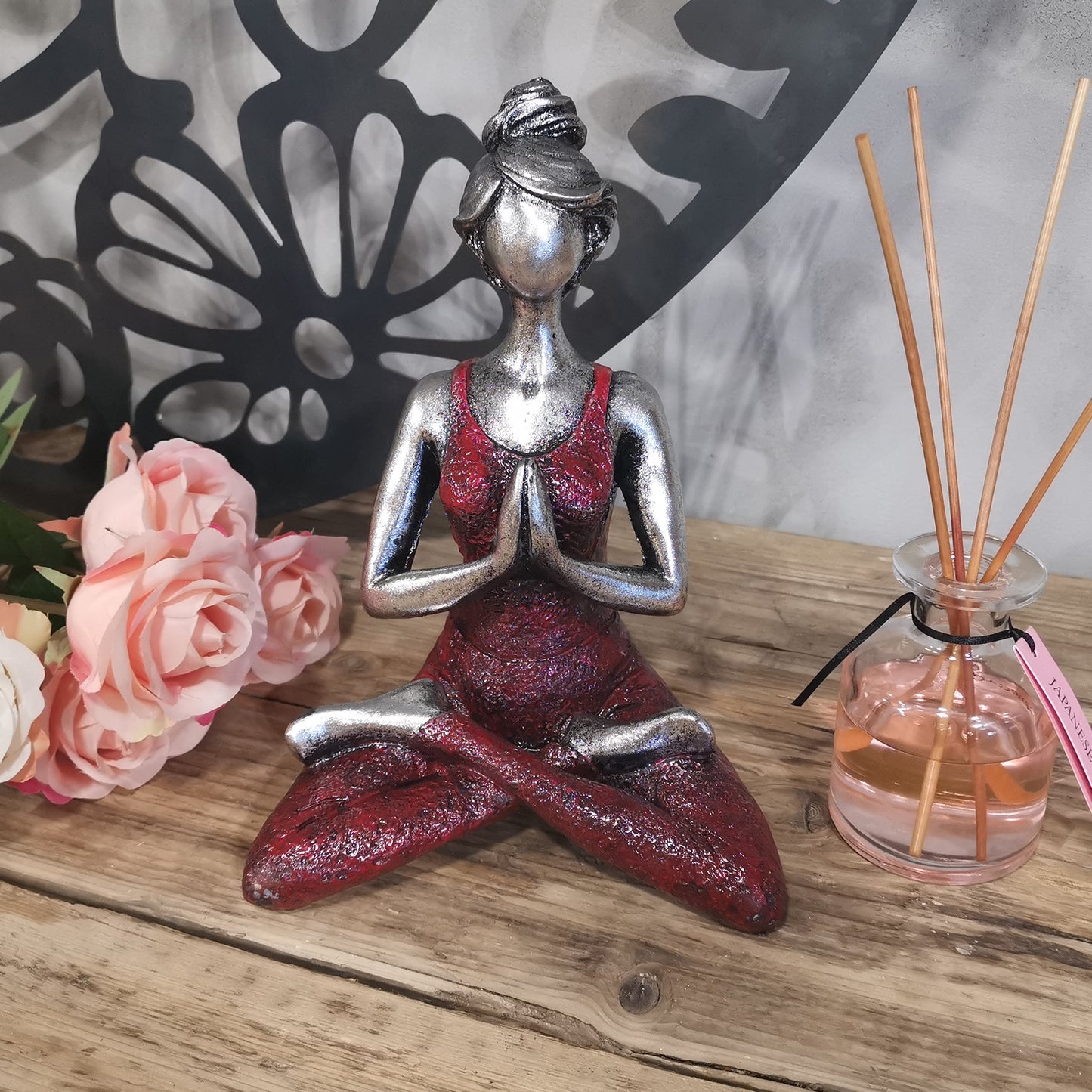 Yoga Pose Lady Figurine - Silver and Dark Red - 24cm