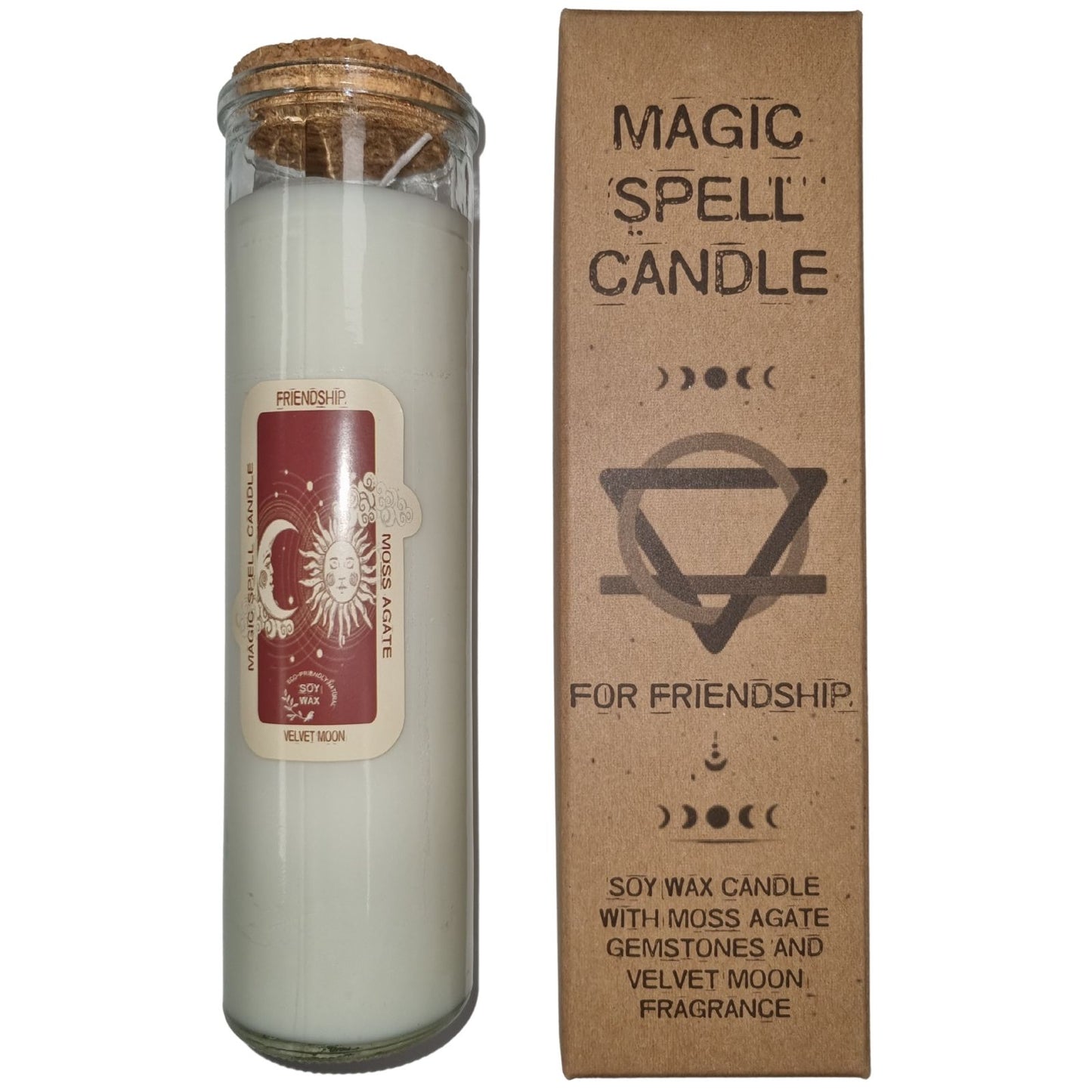Magic Spell Candle - Friendship - with Moss Agate Gemstones and Velvet Moon Fragrance