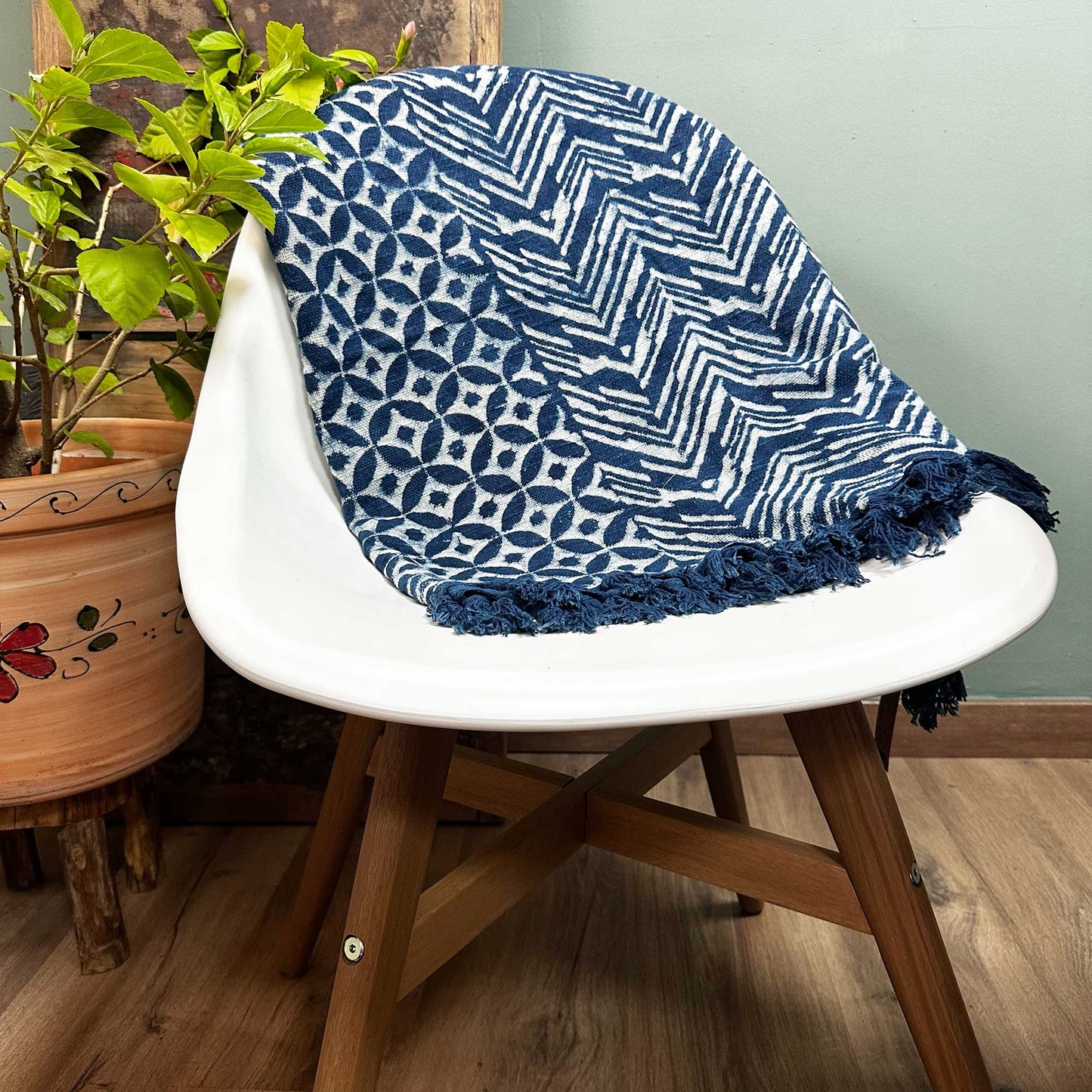 Indigo Cotton Throw - Handmade - 170cm x 120cm - Namoona Waves Design