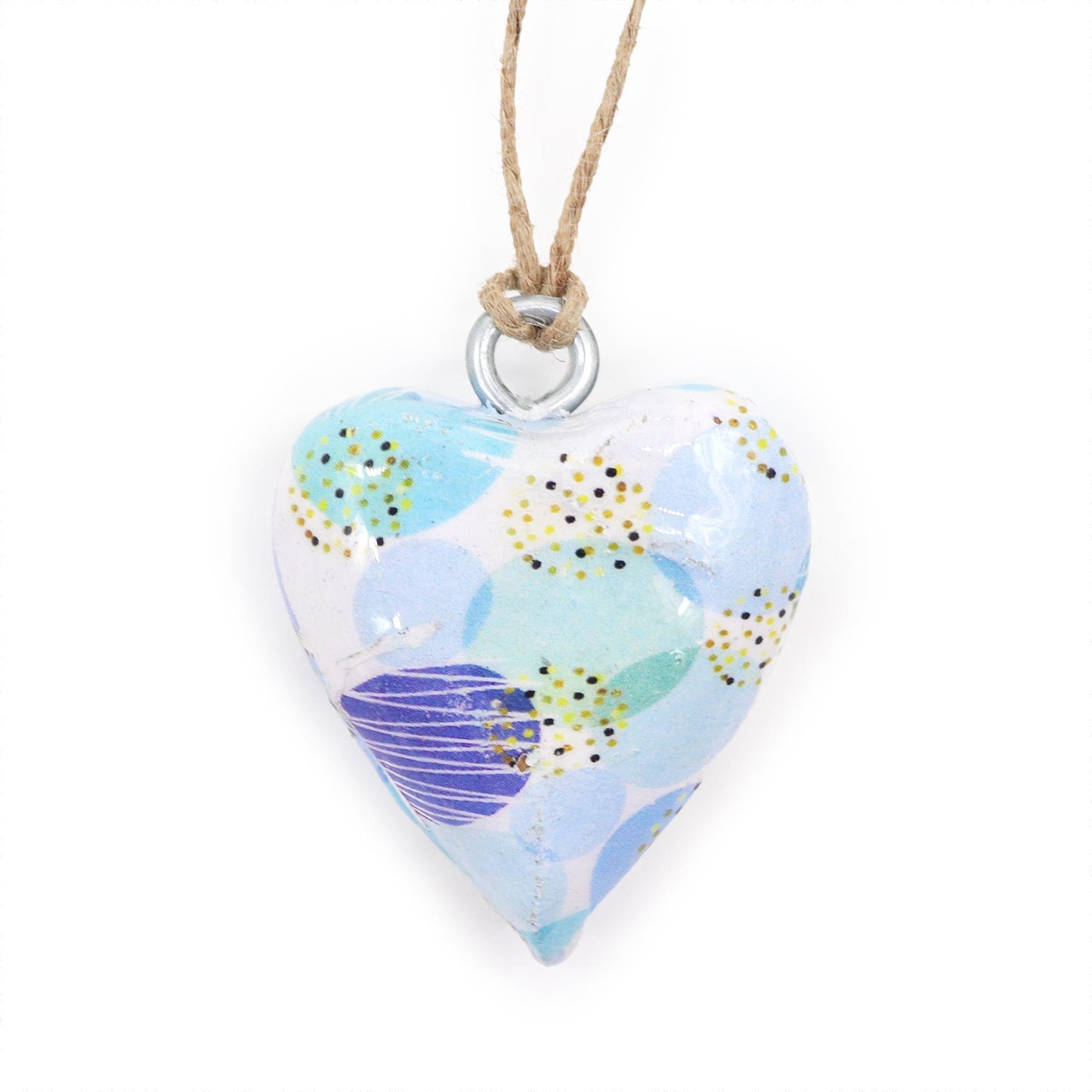Heart Shaped Door Drawer Hangers - 4cm Mango Wood and Enamel - Set of 6 - Blue Abstract