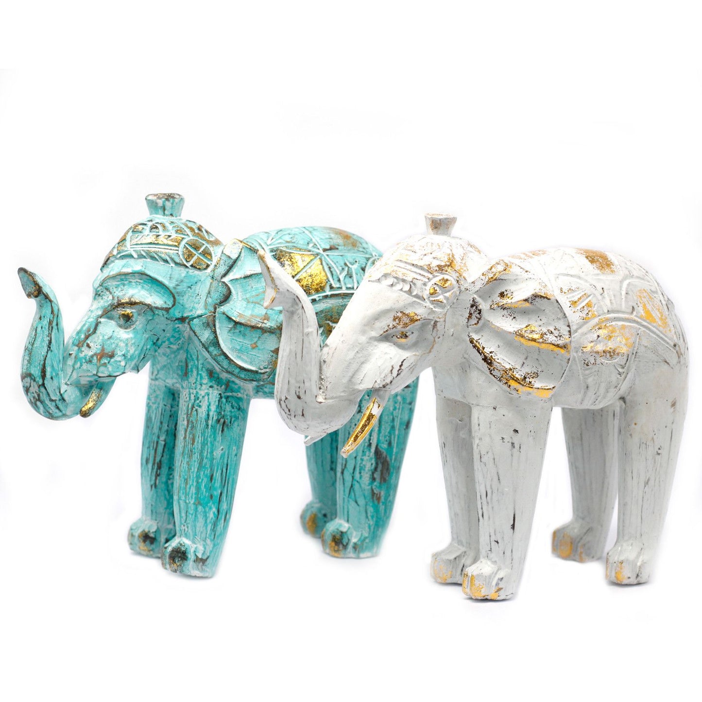 Wooden Elephant - Hand Carved - Turquoise Gold - 27cm