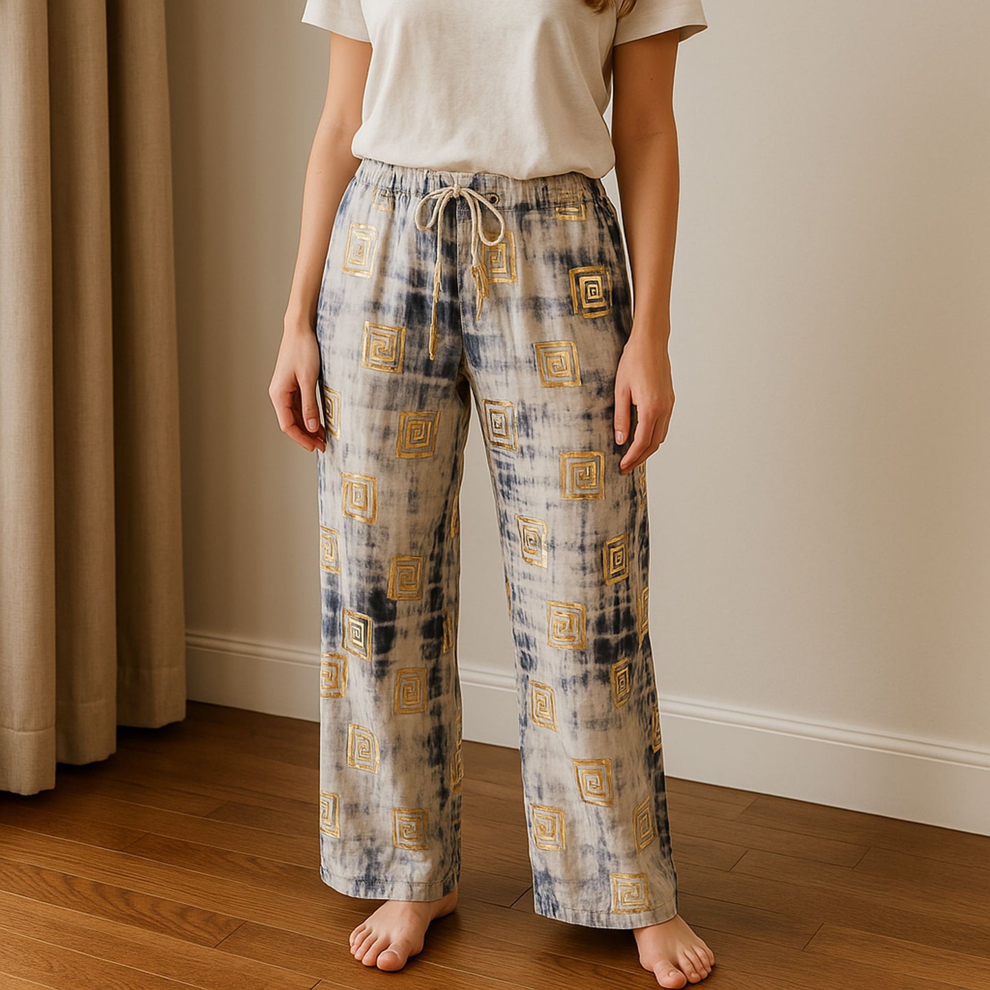 Nomad Sari - Lounge Pants - Handpainted Greek Motif - Gold and Blue - M-L