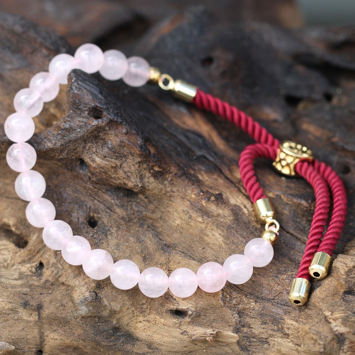 Red String Bracelet - Rose Quartz Gemstones and Gold Sliding Toggle