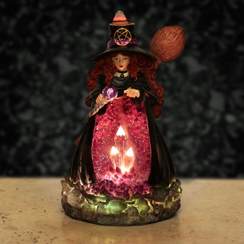 Backflow Incense Burner - Witch with LED Light Crystal Cave