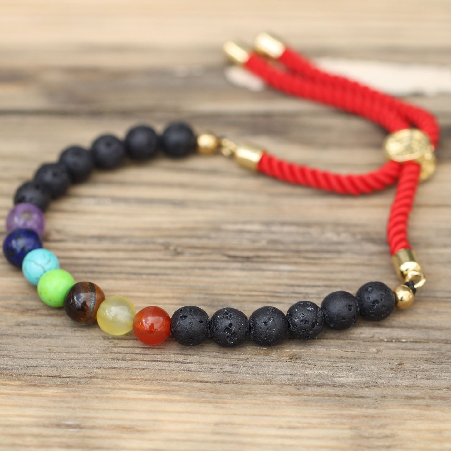 Red String Bracelet - Seven Chakra Gemstones and Gold Sliding Toggle