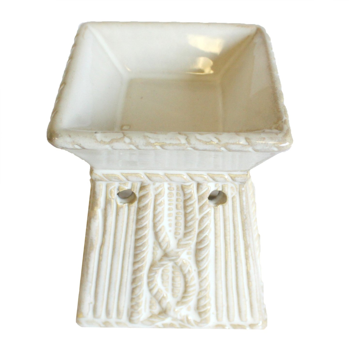 Ceramic Oil Burner - Venetian Square Rope Design - White