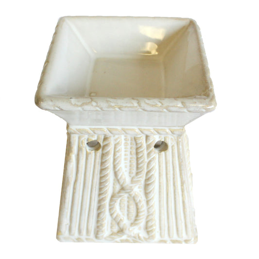 Ceramic Oil Burner - Venetian Square Rope Design - White