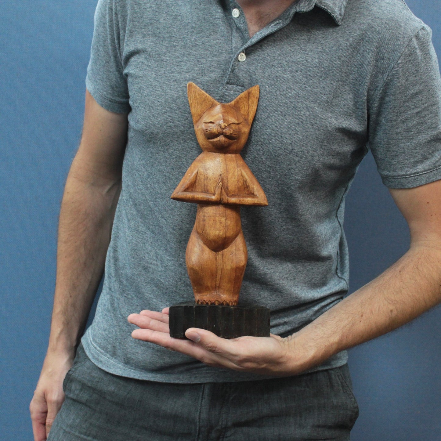 Hand Carved Wooden Yoga Cat Statue - Standing Pose - 30cm