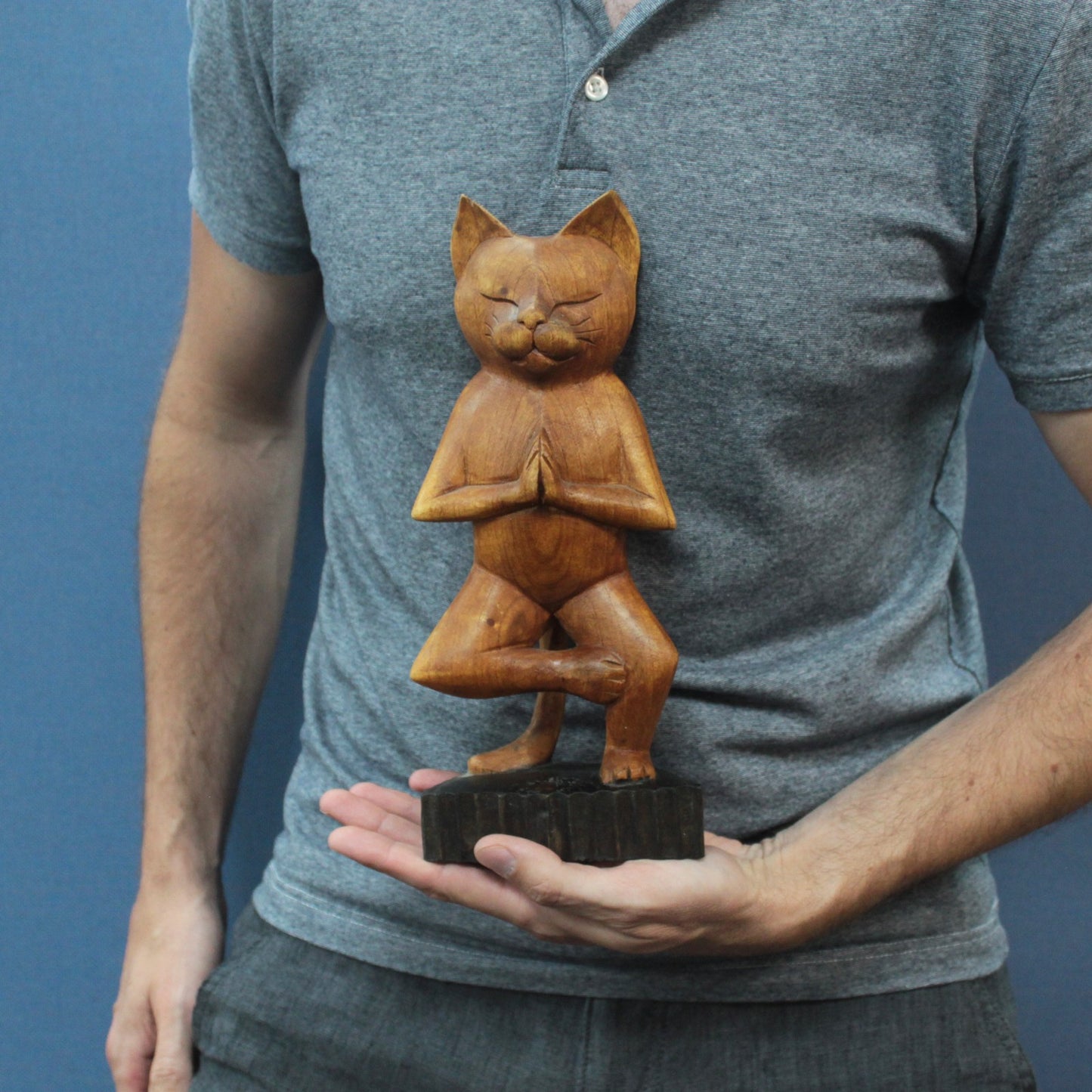 Hand Carved Wooden Yoga Cat Statue - One Leg Pose - 30cm