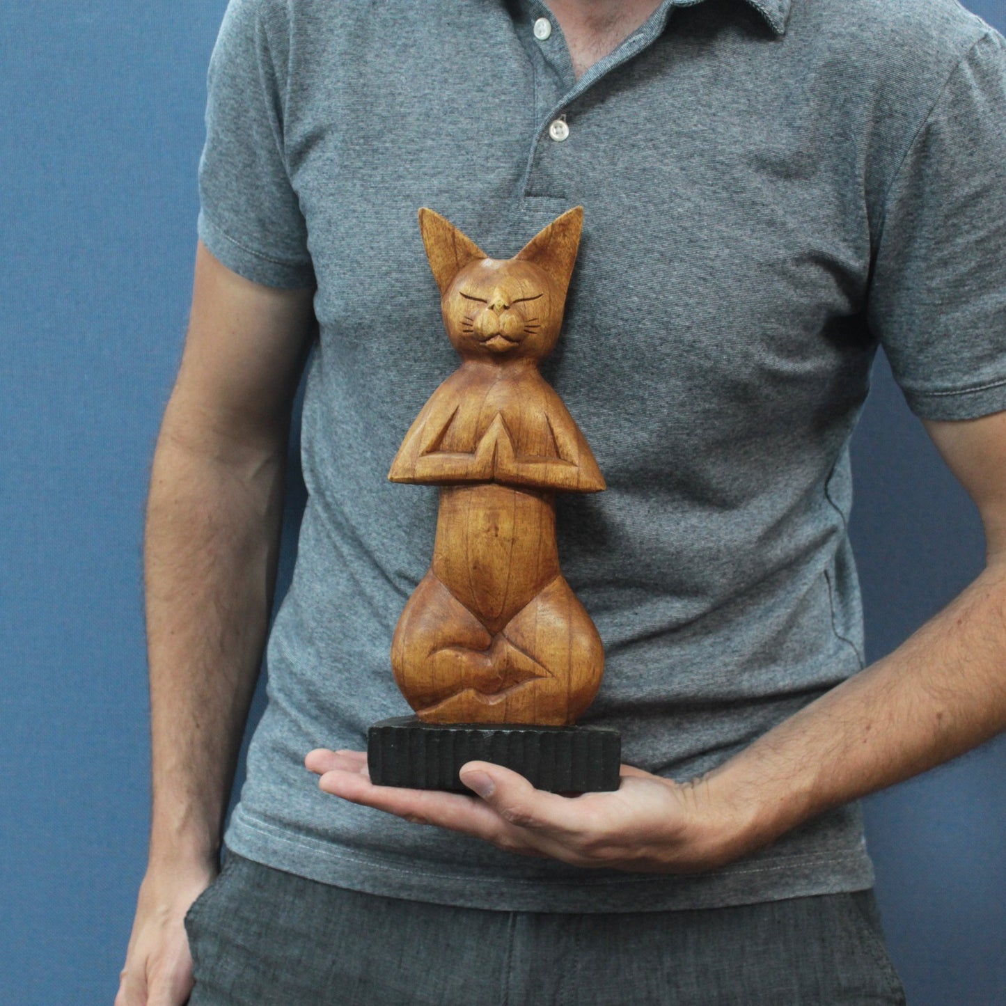 Hand Carved Wooden Yoga Cat Statue - Lotus Pose - 30cm