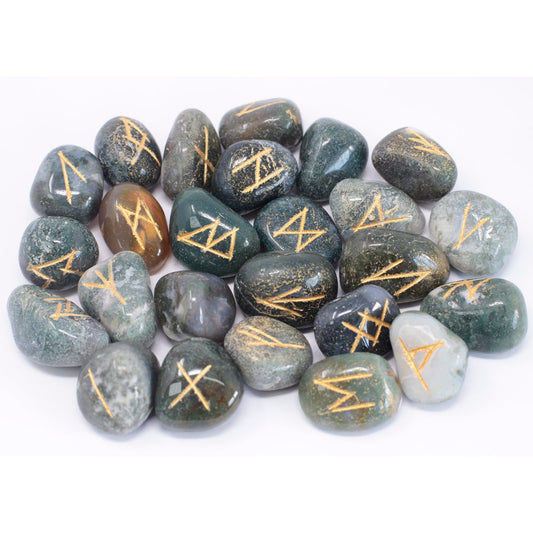 Rune Stone Set - Natural Moss Agate Stone Runes - 25 Pieces
