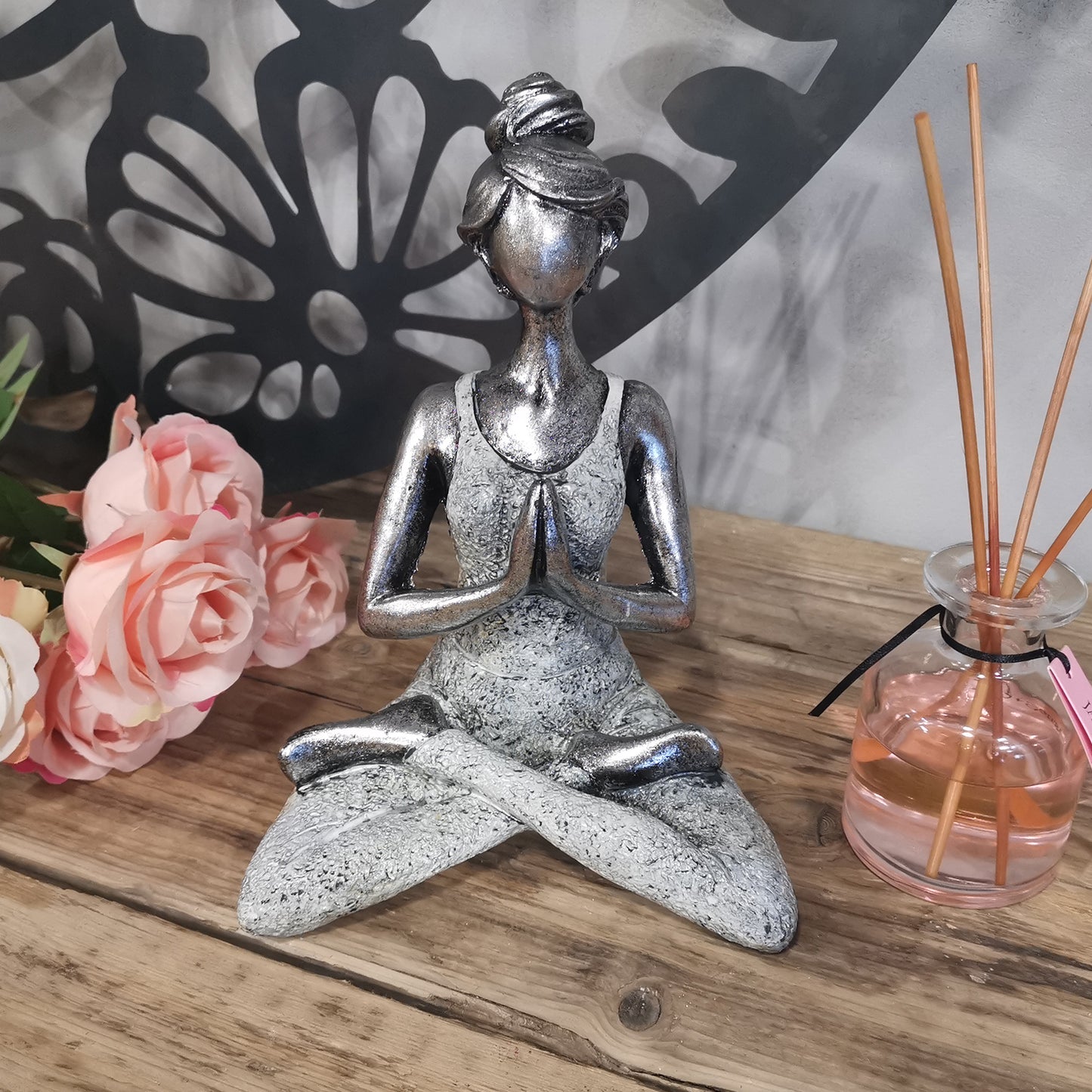 Yoga Pose Lady Figurine - Silver and White - 24cm