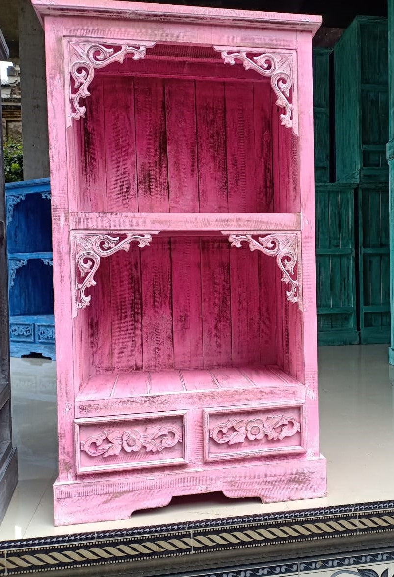 Albasia Wood Storage Shelf with Drawers - Pink Wash - Height 120cm Width 66.7cm