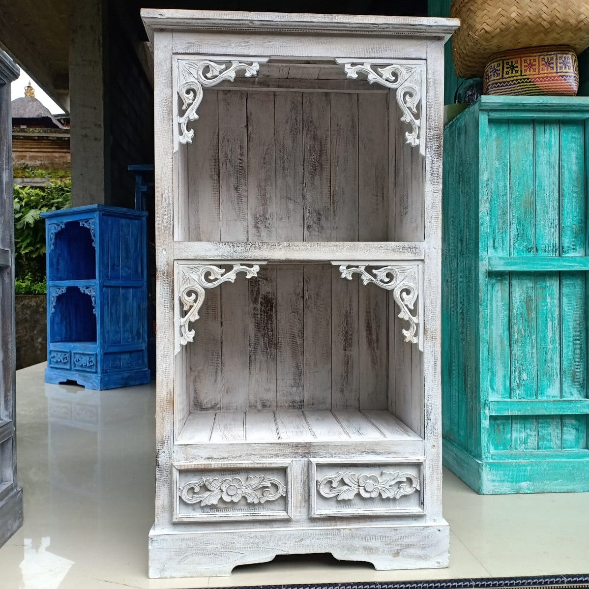 Albasia Wood Storage Shelf with Drawers - White Wash - Height 120cm Width 66.7cm