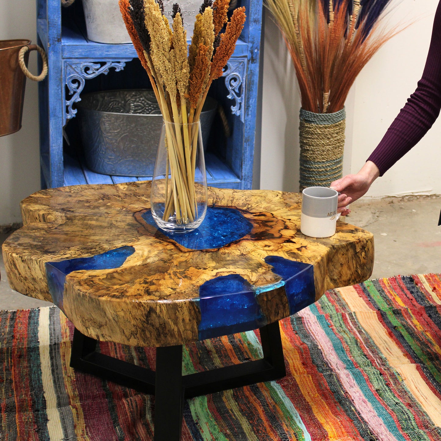 Unique Handmade Tamarind Wood and Blue Resin Coffee Table - 77cm x 46cm