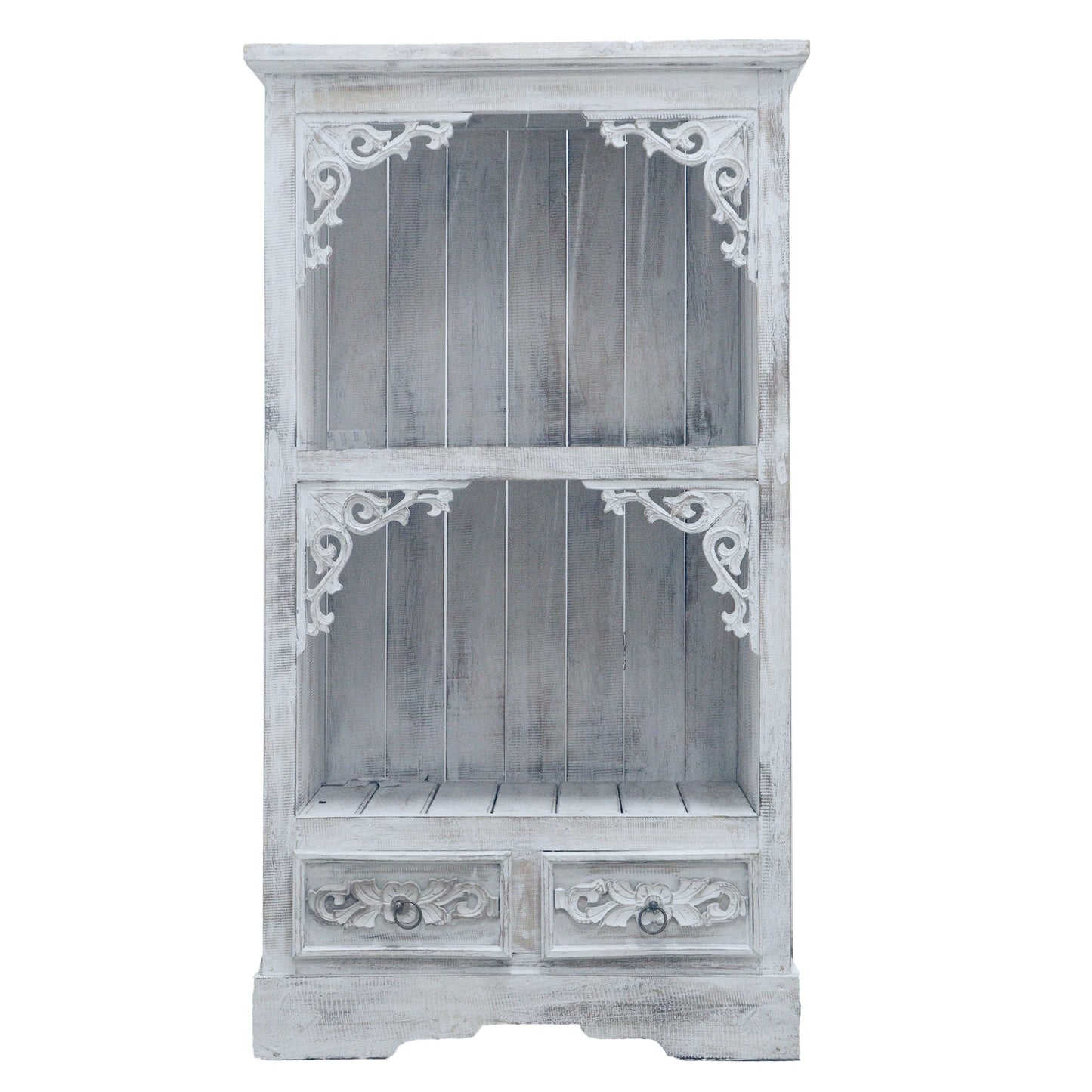 Albasia Wood Storage Shelf with Drawers - White Wash - Height 120cm Width 66.7cm