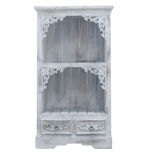 Albasia Wood Storage Shelf with Drawers - White Wash - Height 120cm Width 66.7cm