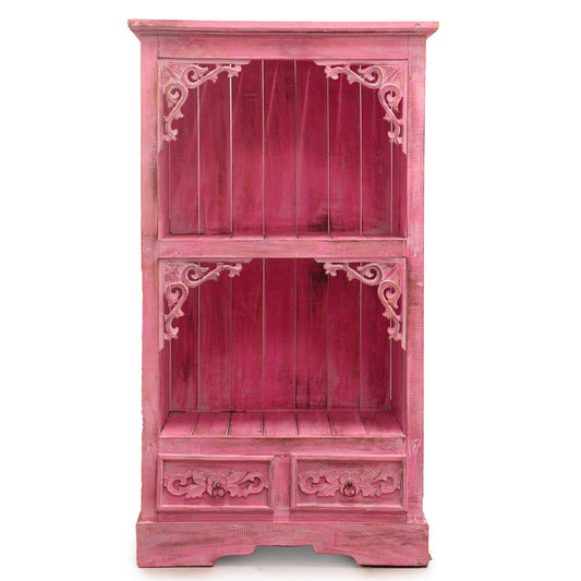 Albasia Wood Storage Shelf with Drawers - Pink Wash - Height 120cm Width 66.7cm