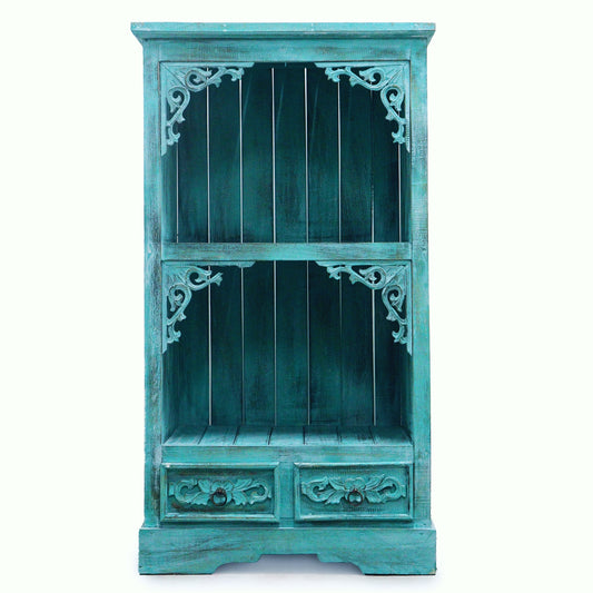 Albasia Wood Storage Shelf with Drawers - Aqua Wash - Height 120cm Width 66.7cm