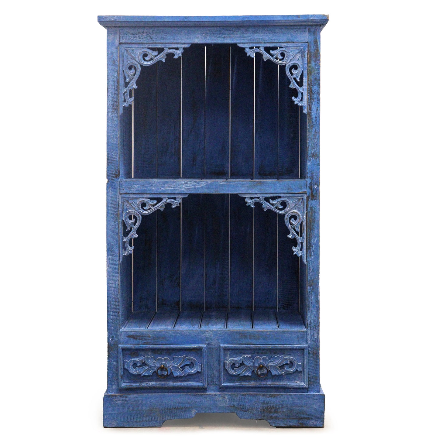Albasia Wood Storage Shelf with Drawers - Blue Wash - Height 120cm Width 66.7cm