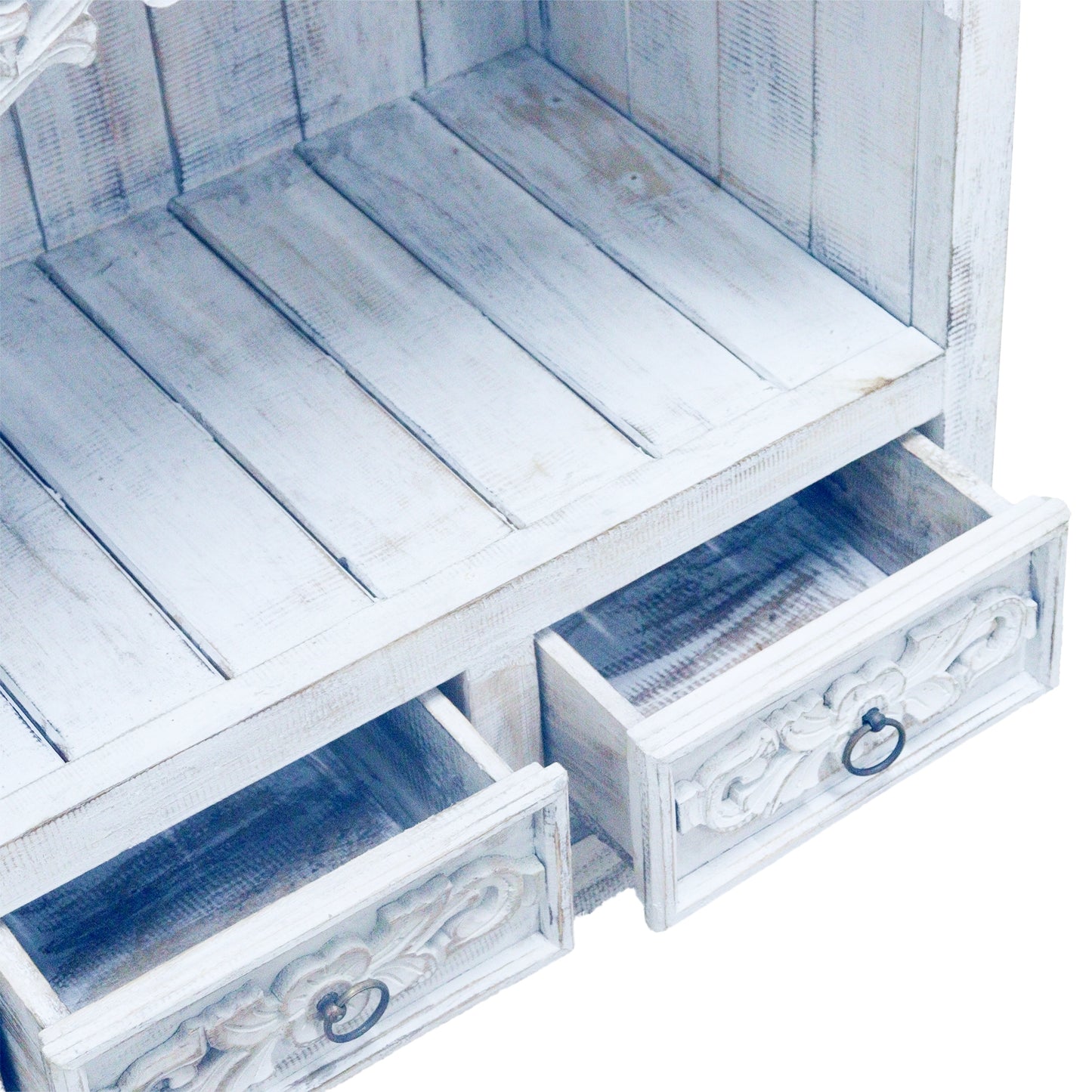 Albasia Wood Storage Shelf with Drawers - White Wash - Height 120cm Width 66.7cm