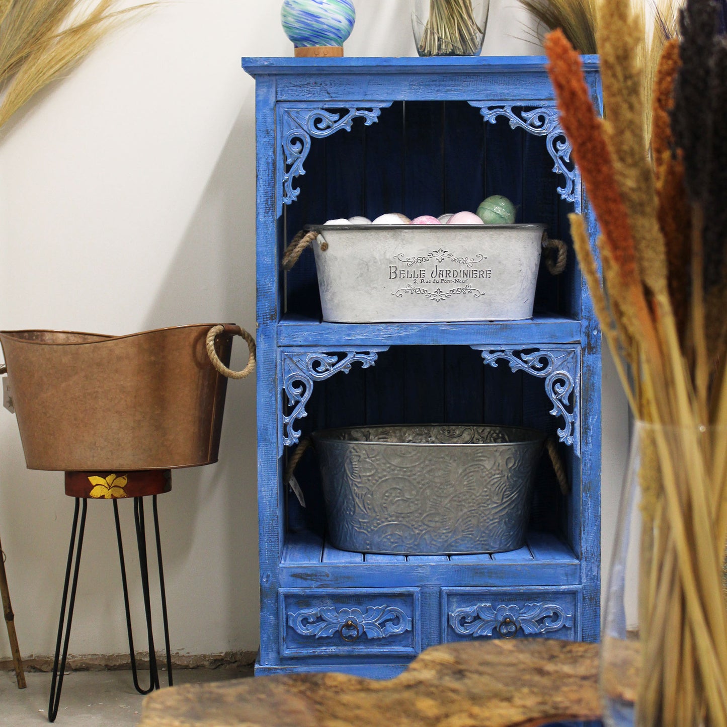 Albasia Wood Storage Shelf with Drawers - Blue Wash - Height 120cm Width 66.7cm