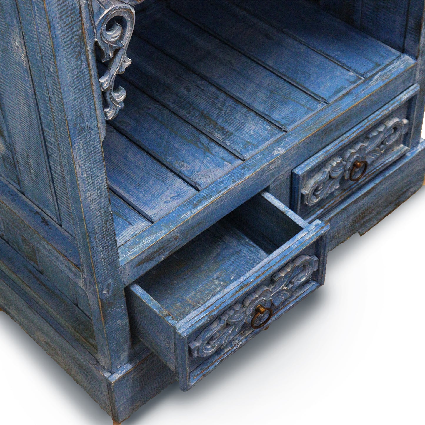 Albasia Wood Storage Shelf with Drawers - Blue Wash - Height 120cm Width 66.7cm