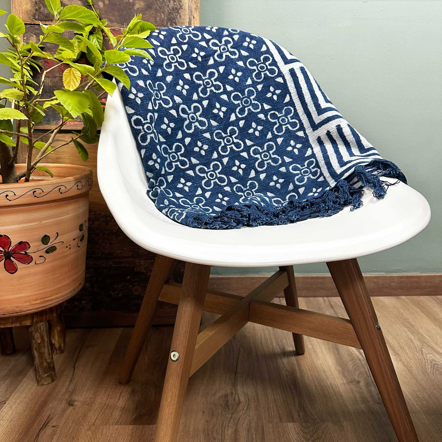 Indigo Cotton Throw - Handmade - 170cm x 120cm - Kasba Tiles Design
