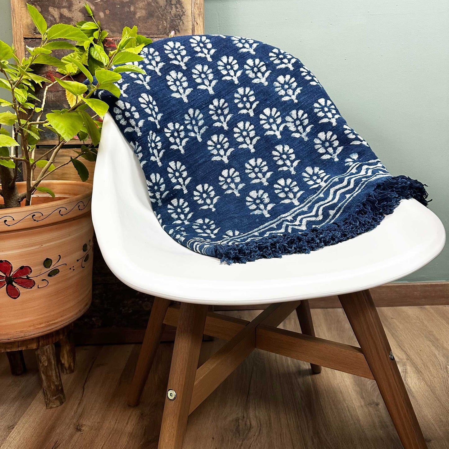 Indigo Cotton Throw - Handmade - 170cm x 120cm - Chhota Flower Design