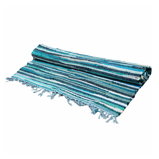 Premium Indian Cotton Rag Rug - Size Large: 150cm x 90cm - Aqua Blues