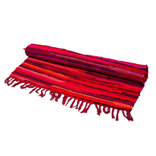 Premium Indian Cotton Rag Rug - Size Large: 150cm x 90cm - Reds and Pinks
