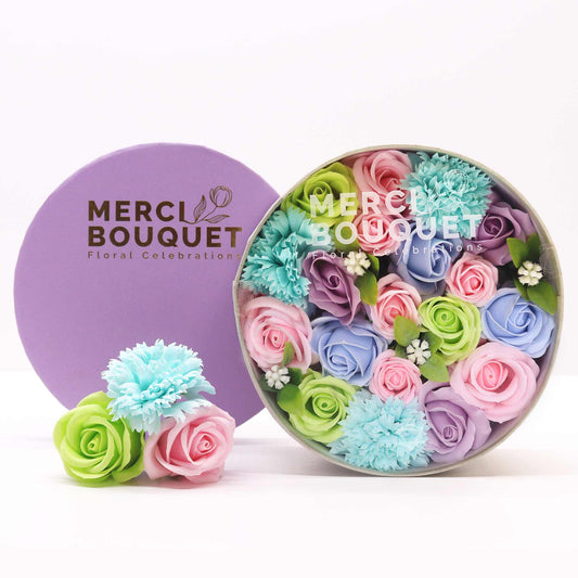 Merci Bouquet - Soap Flower Round Gift Box - Baby Blessings - Blues