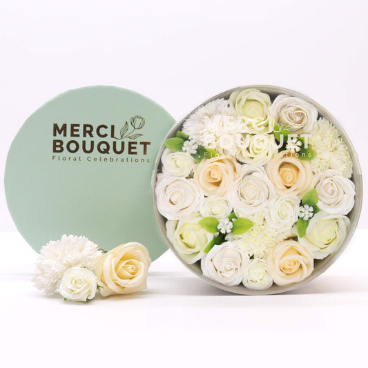 Merci Bouquet - Soap Flower Round Gift Box - Wedding Blessings - White and Ivory