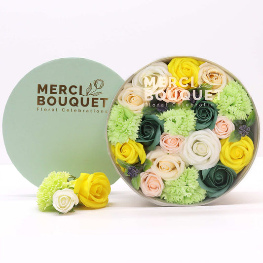 Merci Bouquet - Soap Flower Round Gift Box - Spring Celebration - Yellows and Greens