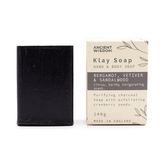 Klay Soap - Bergamot, Vetiver and Sandalwood - 140g Charcoal Clay Soap Bar - Vegan Friendly