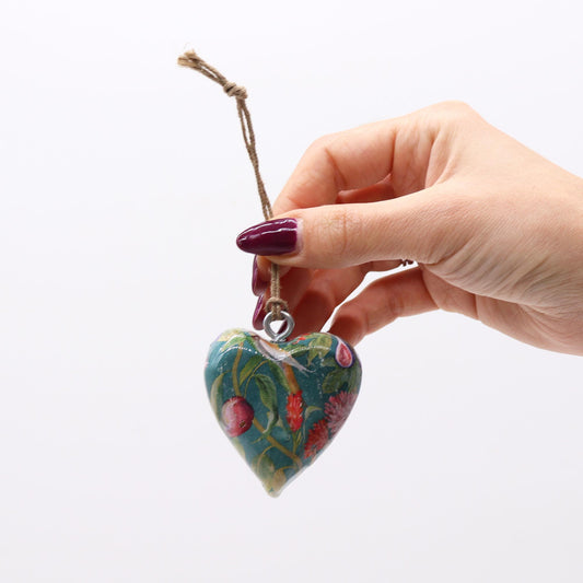 Heart Shaped Door Drawer Hangers - 5cm Mango Wood and Enamel - Set of 6 - Aqua Floral