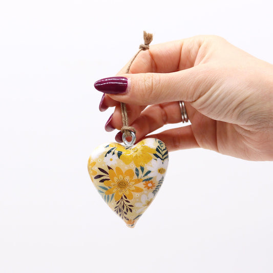 Heart Shaped Door Drawer Hangers - 5cm Mango Wood and Enamel - Set of 6 - Yellow Floral