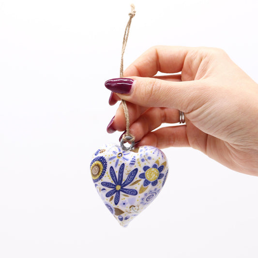 Heart Shaped Door Drawer Hangers - 5cm Mango Wood and Enamel - Set of 6 - Blue Floral