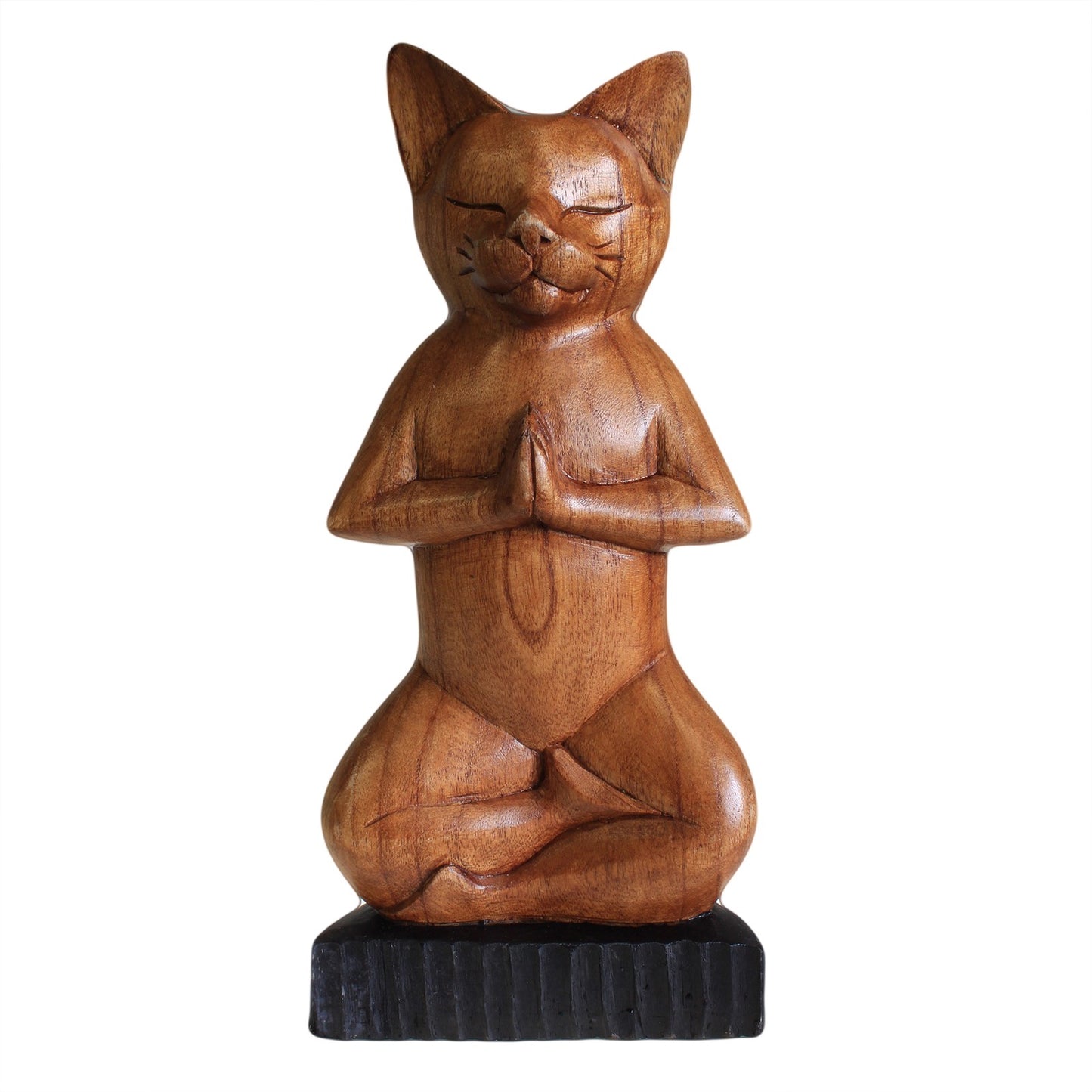 Hand Carved Wooden Yoga Cat Statue - Lotus Pose - 30cm
