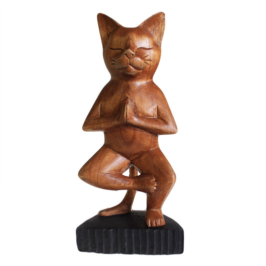Hand Carved Wooden Yoga Cat Statue - One Leg Pose - 30cm