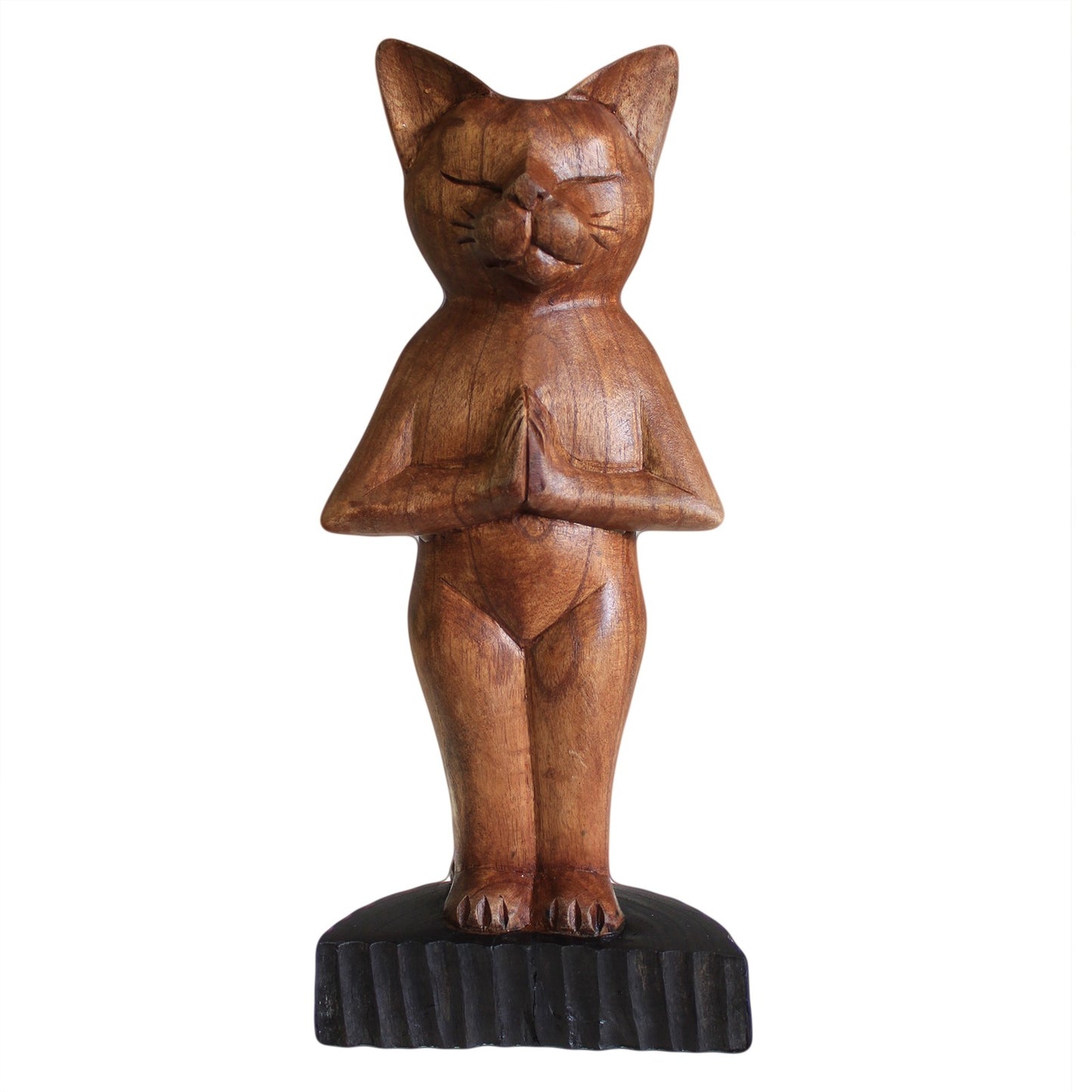 Hand Carved Wooden Yoga Cat Statue - Standing Pose - 30cm