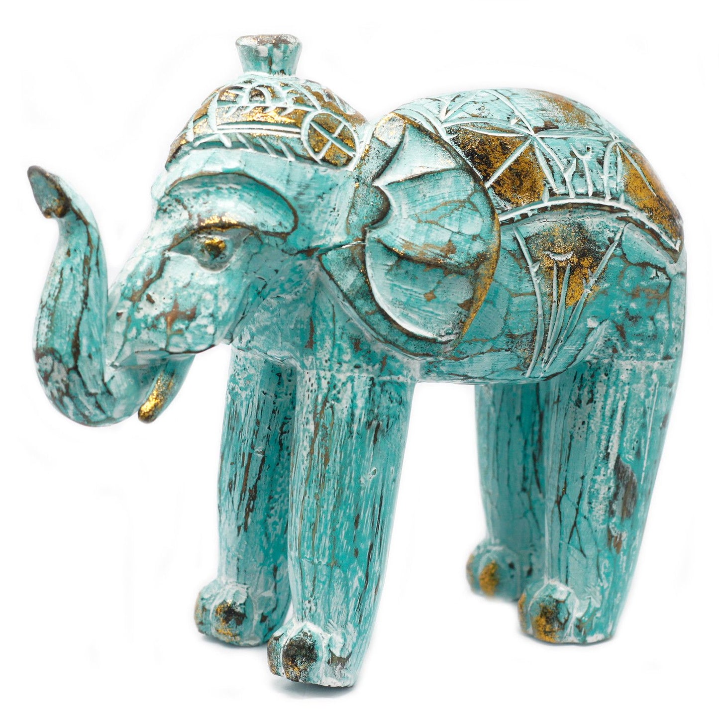 Wooden Elephant - Hand Carved - Turquoise Gold - 27cm