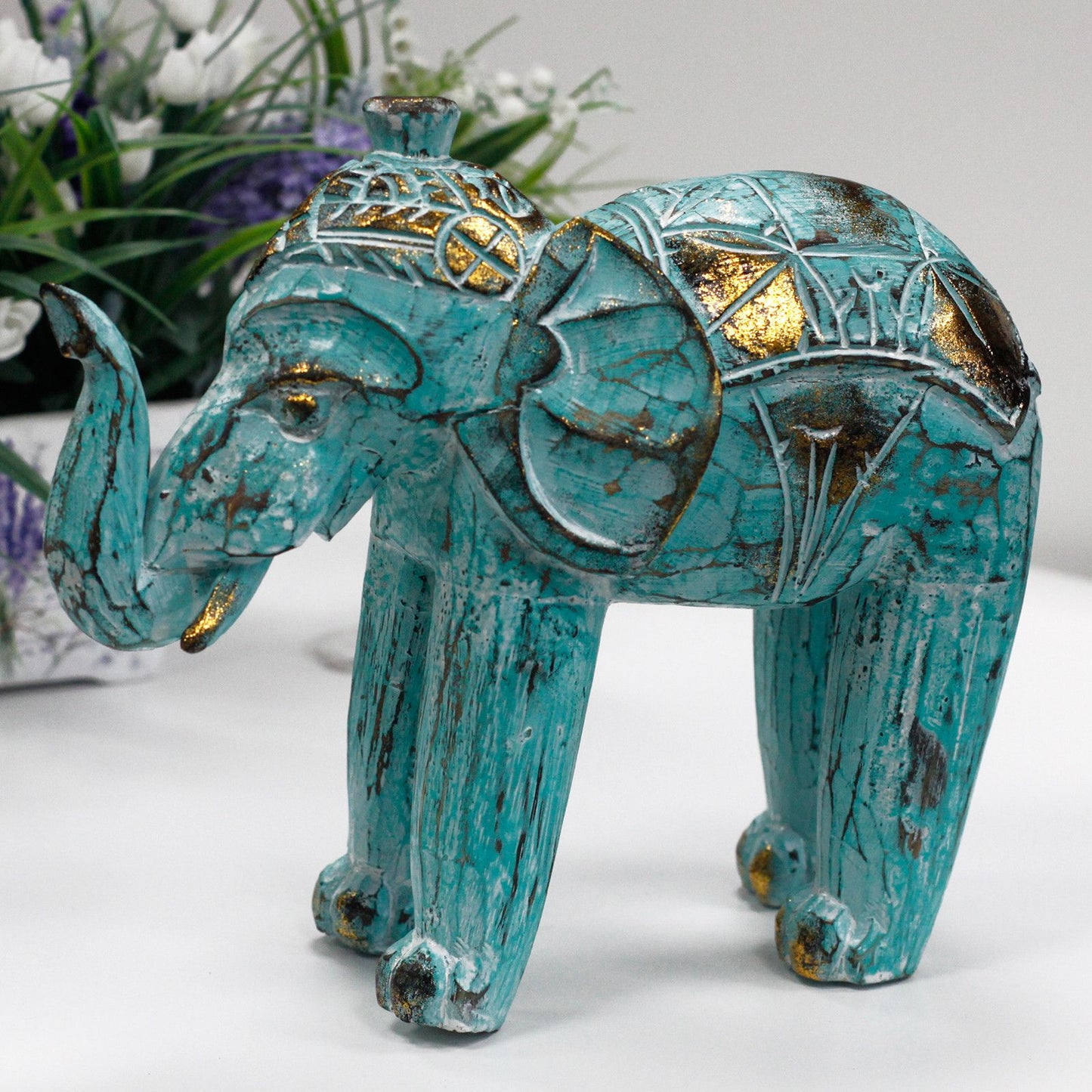 Wooden Elephant - Hand Carved - Turquoise Gold - 27cm