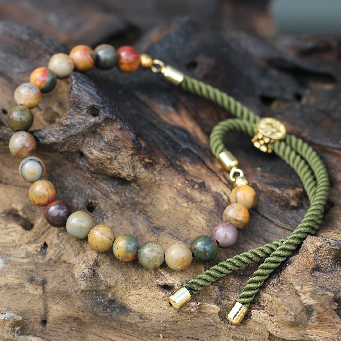 Green String Bracelet - Picasso Jasper Gemstones and Gold Sliding Toggle