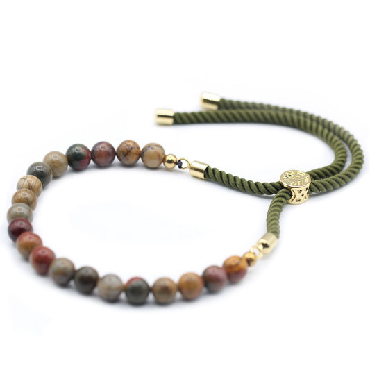 Green String Bracelet - Picasso Jasper Gemstones and Gold Sliding Toggle