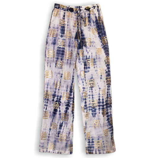 Nomad Sari - Lounge Pants - Handpainted Greek Motif - Gold and Blue - M-L