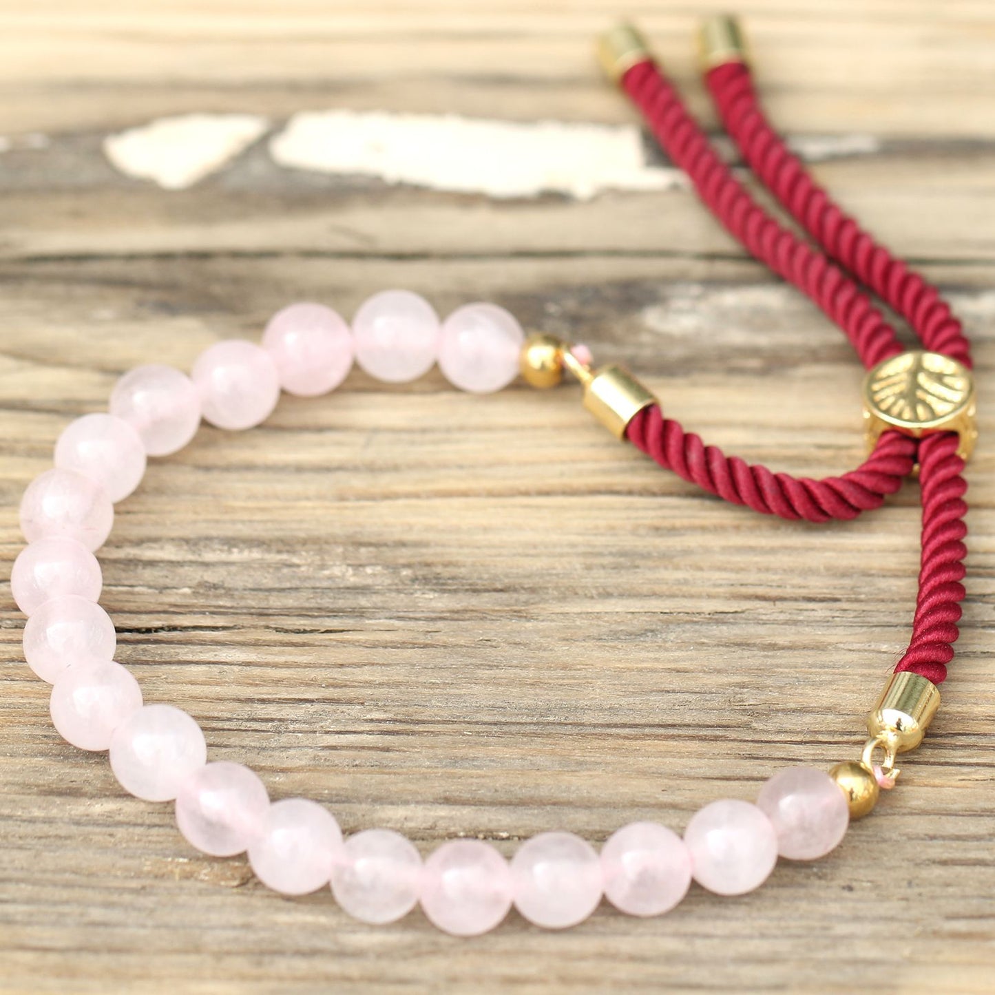 Red String Bracelet - Rose Quartz Gemstones and Gold Sliding Toggle