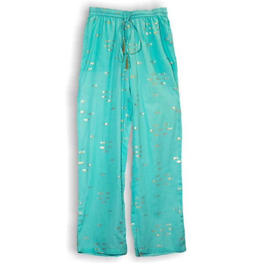 Nomad Sari - Lounge Pants - Handpainted Fish Design - Turquoise and Gold - L-XL