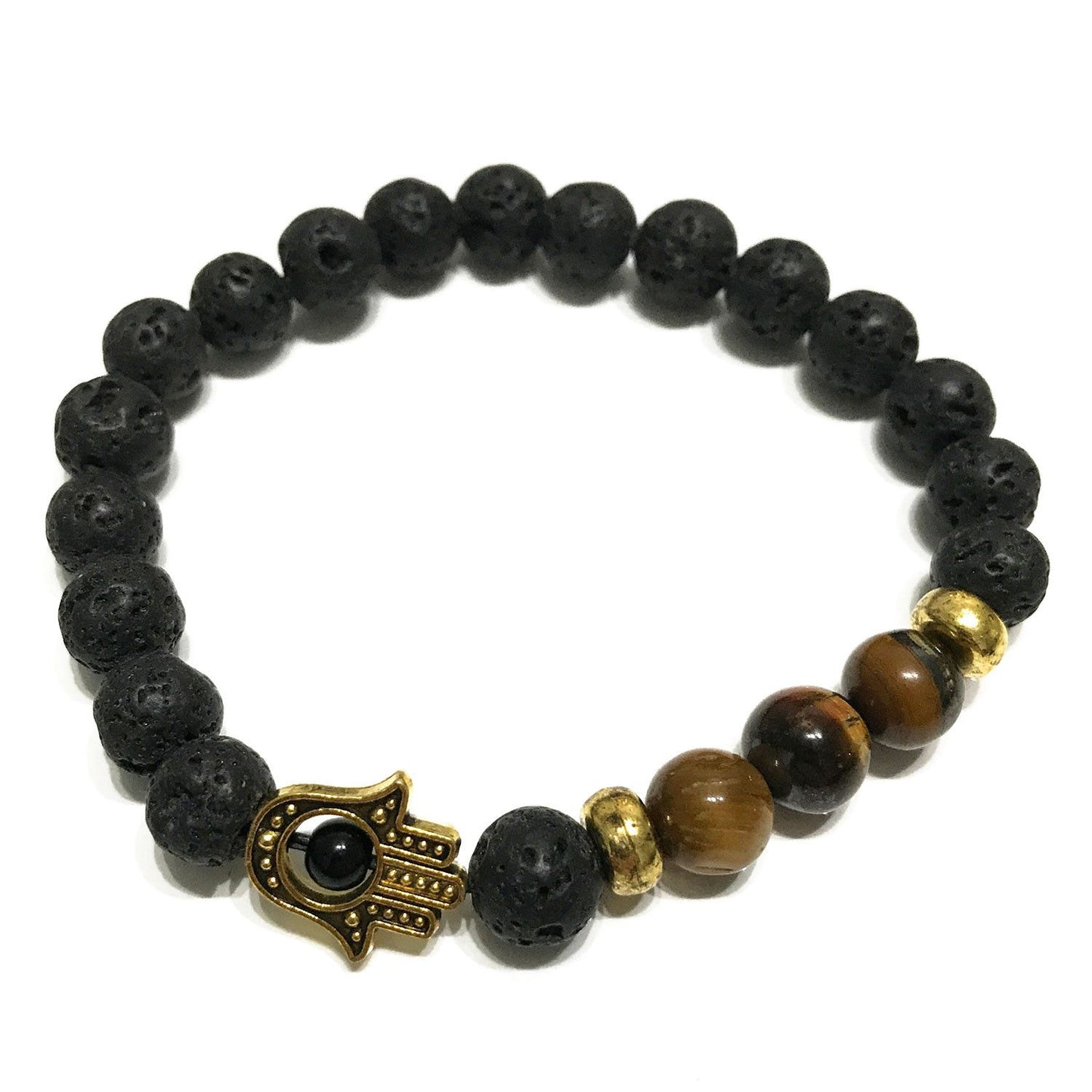 Lava Stone Bracelet - With Tigers Eye and Hamsa Design